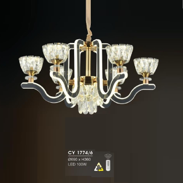 HF - CY 1774/6:  Đèn chùm LED  6 tay -  KT: Ø690mm x H360mm  - Đèn LED 100W đổi 3 màu - Remote