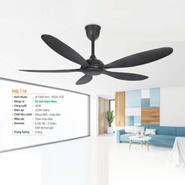 NQ 118: Quạt trần  5 cánh - KT: Ø1300mm x H320mm + 420mm