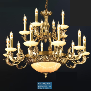 HF - CĐ 1208/10+5: Chùm đồng 18 tay, chao đá - KT: Ø900mm x H780mm + 450mm - Bóng đèn chân E14 x 18 bóng + E27 x 3 bóng