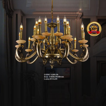 CODE: 1209/20:  Đèn chùm đồng 20 tay - KT: Ø960mm * H600mm - Bóng đèn chân E14 x 20 bóng