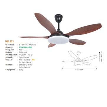 NQ 121: Quạt trần đèn LED 5 cánh - KT: Ø1400mm x H400mm + 500mm  - Đèn LED