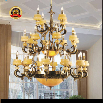 CODE: 1219/24:  Đèn chùm đồng 24 tay chao đá  -  KT: Ø 1050mm x H 1130mm - Bóng đèn chân 14 x 24 bóng + E 27 x 3 bóng
