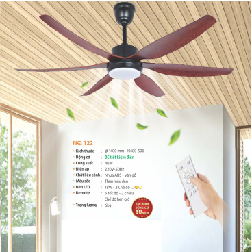 NQ 122: Quạt trần đèn LED 6 cánh - KT: Ø1400mm x H400mm + 500mm  - Đèn LED