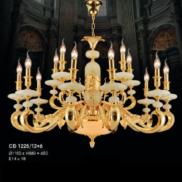 HF - CĐ 1225/12+6: Chùm đồng 18 tay, chao đá trắng - KT: Ø1160mm x H880mm x 450mm - Bóng đèn chân E14 x 18 bóng