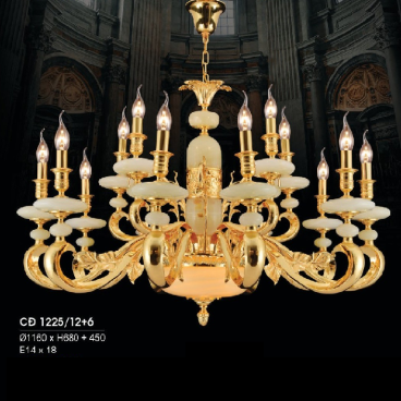 HF - CĐ 1225/12+6: Chùm đồng 18 tay, chao đá trắng - KT: Ø1160mm x H880mm x 450mm - Bóng đèn chân E14 x 18 bóng