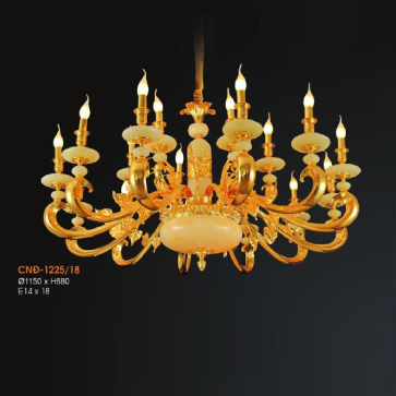 VER - CĐN 1225/18:  Chùm đồng nến 18 tay, chao đá - KT: Ø1150mm x H680mm - Bóng đèn chân E14 x 18 bóng