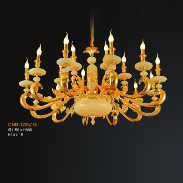 VER - CĐN 1225/18:  Chùm đồng nến 18 tay, chao đá - KT: Ø1150mm x H680mm - Bóng đèn chân E14 x 18 bóng