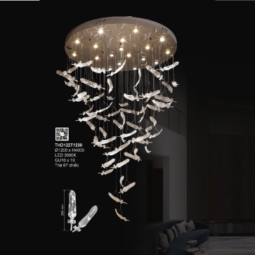 3 - THD122T1200: Đèn thả thông tầng chao thủy tinh/Phale chiếc lá - KT: Ø1200mm x H4000mm - Đèn LED ánh sáng vàng 3000K  GU 10 x 19 bóng