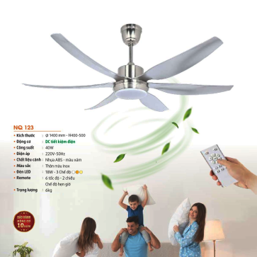NQ 123: Quạt trần đèn LED 6 cánh - KT: Ø1400mm x H400mm + 500mm  - Đèn LED