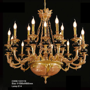 CODE: 1231/18: Đèn Chùm đồng 18 tay, đá đen - KT: Ø1080mm x H 860mm - Đèn chân E14 x 21 bóng