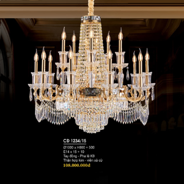 CĐ 1234/15: Đèn chùm phale nến 15 tay - KT: Ø1000mm x H800mm + 500mm - Bóng đèn LED E14 x 25