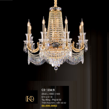 CĐ 1234/8: Đèn chùm phale nến 8 tay - KT: Ø840mm x H690mm + 500mm - Bóng đèn LED E14 x 16