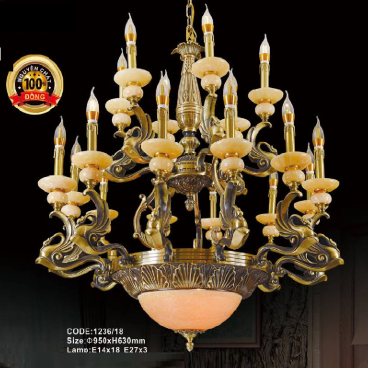 CODE: 1236/18:  Đèn chùm đồng 18 tay, chao đá vàng - KT: Ø 950mm x H 630mm - Bóng đèn chân E 14 x 15 bóng + E 27 x 3 bóng
