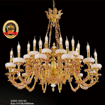 CODE: 1241/24:  Đèn chùm đồng 24 tay, đá trắng - KT: Ø 1100mm x H860mm - Bóng đèn chân E14 x 24 bóng