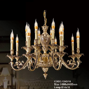 CODE: 1242/16: Đèn chùm đồng 16 tay, chao đá - KT: Ø 800mm  x H 480mm - Bóng đèn chân E14 x 16 bóng