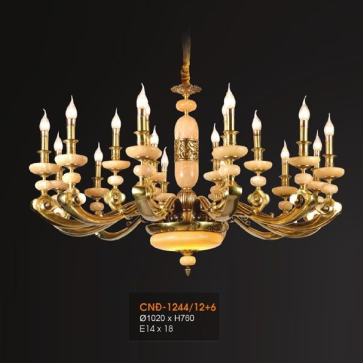 VE - CĐ - 1244/12+6: Đèn chùm đồng 18 tay, chao đá - KT: Ø1020mm x H760mm - Bóng đèn E14 x 18 bóng + Đèn LED