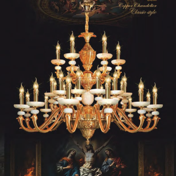 NC 1245/12+12+6: Đèn chùm đồng 30 tay chao đá trắng - KT: Ø1050mm x H850mm +500mm - Bóng đèn nến E14 x 30 bóng