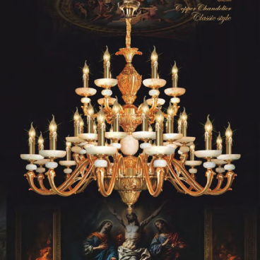 NC 1245/12+12+6: Đèn chùm đồng 30 tay chao đá trắng - KT: Ø1050mm x H850mm +500mm - Bóng đèn nến E14 x 30 bóng