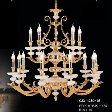 HF- CĐ 1250/15: Chùm đồng 15 tay xi vàng 24K, chao đá - KT: Ø900mm  x H540mm + 450mm - Bóng đèn chân E14 x 15 bóng