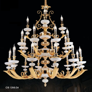 HF- CĐ 1250/24: Chùm đồng 24 tay, chao đá - KT: Ø1020mm  x H1100mm + 450mm  - Bóng đèn chân E14 x 24 bóng