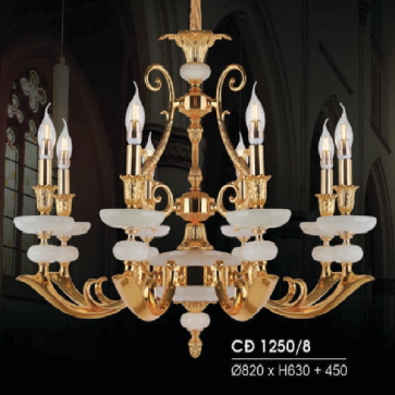 HF- CĐ 1250/8: Chùm đồng nến 8 tay chén đá - KT: Ø820mm  x H630mm + 450mm - Đèn chân E14 x 8 bóng