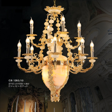 HF - CĐ 1252/12: Chùm đồng 12 tay, chao  đá - KT: Ø750mm x H1000mm + 450mm - Bóng đèn chân E14 x 12 bóng + E27 x 3 bóng