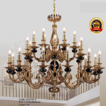 CODE:1253/18+6: Đèn chùm đồng 24 tay, đá  đen - KT: Ø1100mm  x H 800mm - Bóng đèn chân E14 x 24 bóng