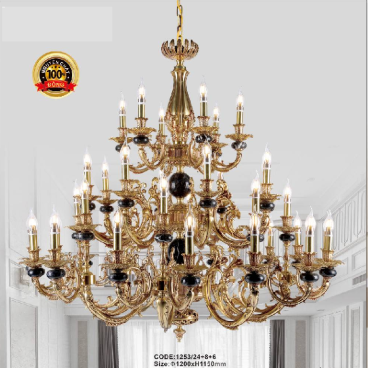 CODE:1253/24+8+6:  Đèn chùm đồng 38 tay, đá đen - KT: Ø 1200mm x H 1150mm - Bóng đèn chân E 14 x 38 bóng