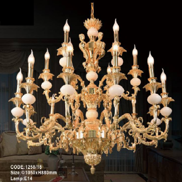CODE:1258/18:  Đèn Chùm đồng 18 tay, đá trắng - KT: Ø1050mm x H880mm - Bóng đèn chân E14 x 18 bóng