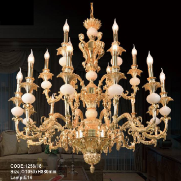 CODE:1258/18:  Đèn Chùm đồng 18 tay, đá trắng - KT: Ø1050mm x H880mm - Bóng đèn chân E14 x 18 bóng