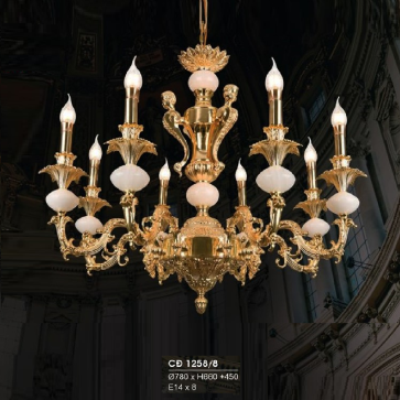 HF - CĐ 1258/8: Chùm đồng nến 8 tay - KT: Ø780mm  x H660mm + 450mm - Đèn chân E14 x 8 bóng