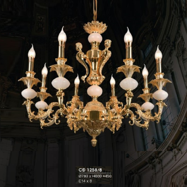 HF - CĐ 1258/8: Chùm đồng nến 8 tay - KT: Ø780mm  x H660mm + 450mm - Đèn chân E14 x 8 bóng