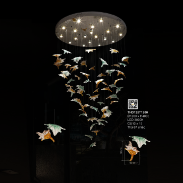 3 - THD125T1200: Đèn thả thông tầng chao thủy tinh/Phale màu hình chiếc lá - KT: Ø1200mm x H4000mm - Đèn LED ánh sáng vàng 3000K  GU 10 x 19 bóng