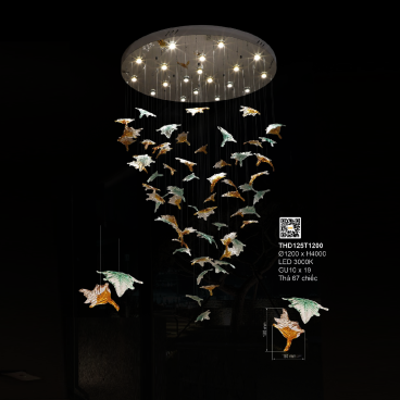 3 - THD125T1200: Đèn thả thông tầng chao thủy tinh/Phale màu hình chiếc lá - KT: Ø1200mm x H4000mm - Đèn LED ánh sáng vàng 3000K  GU 10 x 19 bóng