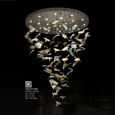 3 - THD125T1500: Đèn thả thông tầng chao thủy tinh/Phale màu hình chiếc lá - KT: Ø1500mm x H4000mm - Đèn LED ánh sáng vàng 3000K  GU 10 x 29 bóng