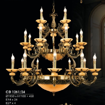 HF- CĐ 1261/24: Chùm đồng 24 tay, chao đá - KT: Ø1150mm x H1100mm + 450mm - Bóng đèn  E14 x 24 + E27 x 4 bóng