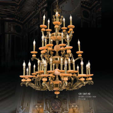 HF - CĐ 1267/42: Chùm đồng 42 tay, chén đá - KT: Ø1080mm  x H1300mm + 450mm - Bóng đèn chân E14 x 42 bóng