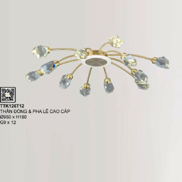 35 - TTK126T12: Đèn chùm LED 12 tay Thân đèn đồng, chao Phale - KT: Ø950mm x H180mm - Đèn LED G9 x 12 bóng