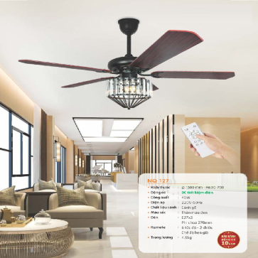 NQ 127: Quạt trần đèn LED 5 cánh - KT: Ø1300mm x H600mm + 700mm  - Đèn E27 x 3
