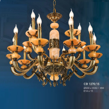 HF - CĐ 1270/15: Chùm đồng 15 tay, chao đá - KT: Ø950mm x H550mm + 450mm - Bóng đèn chân E14 x 15 bóng