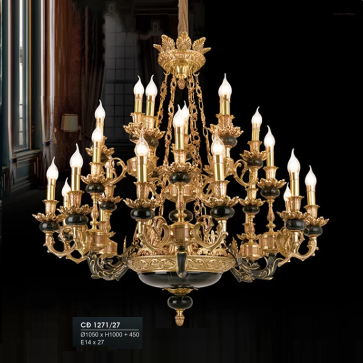 HF- CĐ 1271/27: Chùm đồng 27 tay, đá đen vân - KT: Ø1050mm x H1000mm + 450mm - Bóng đèn E14 x 27 bóng