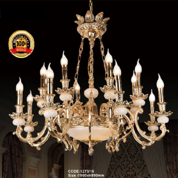 CODE:1273/16:  Đèn chùm đồng 16 tay, Chao đèn đá màu vàng - KT: Ø900mm x H800mm - Bóng đèn chân E14 x 16 bóng
