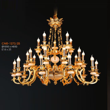 VER - CNĐ -1273/25: Đèn chùm đồng, đá 25 tay - KT: Ø1050mm x H950mm - Bóng đèn chân E14 x 25 bóng