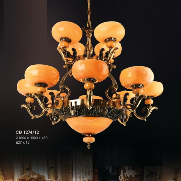 HF - CĐ 1274/12: Chùm đồng 12 tay, chao đá - KT: Ø1000mm x H900mm + 450mm - Bóng đèn chân E27 x 15 bóng
