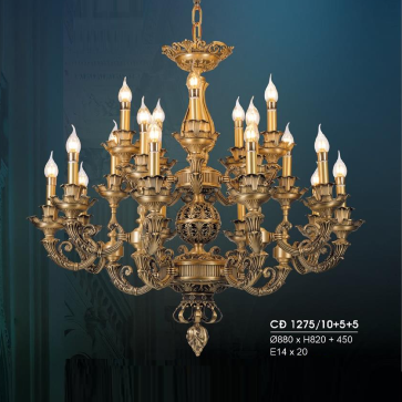 HF- CĐ 1275/10+5+5: Chùm đồng 20 tay - KT: Ø880mm x H820mm + 450mm - Bóng đèn chân E14 x 20 bóng