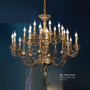 HF - CĐ 1275/12+6+6: Chùm đồng 24 tay - KT: Ø1030mm x H950mm + 450mm - Bóng đèn chân E14 x 24 bóng