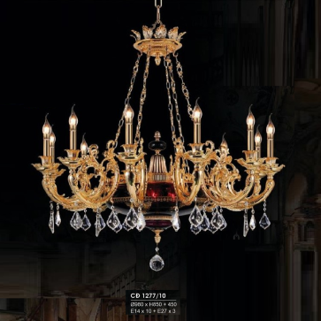 HF - CĐ 1277/10: Chùm đồng 10 tay - KT: Ø980mm x H850mm + 450mm - Bóng đèn chân E14 x 10 bóng + E27 x 3 bóng