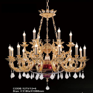 CODE: 1278/12+6: Đèn chùm đồng 12 tay, chao đáy thủ tinh màu - KT: Ø 1100mm x H 1060mm - Bóng đèn chân E14 x 18 bóng