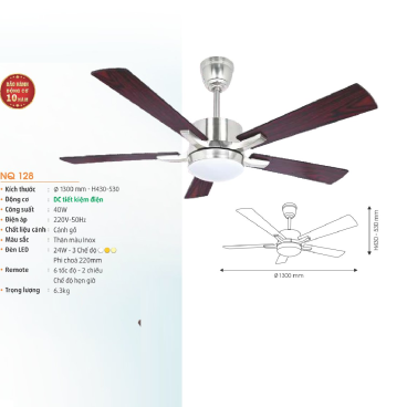 NQ 128: Quạt trần đèn LED 5 cánh - KT: Ø1300mm x H430mm + 530mm  - Đèn LED