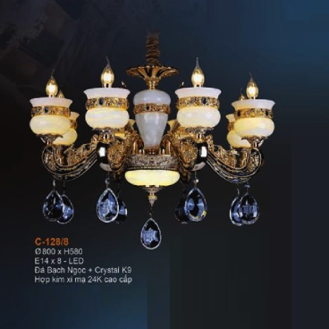 E - C - 128/8: Đèn chùm 8 tay chao đá bạch ngọc - KT: Ø800mm x H580mm - Bóng đèn E14 x 8 bóng + Đèn LED